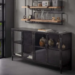 Industrieel Dressoir Rift Metal 180cm met 4 glazen deuren