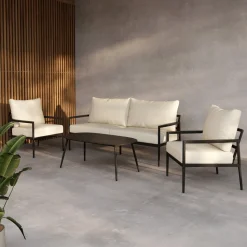 Loungeset Michiko Met bank, 2 loungestoelen en tafel, kleur Beige/Zwart