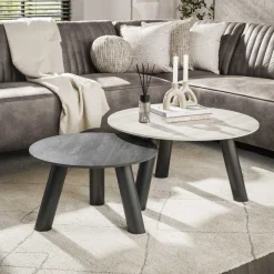 Ronde Salontafel Dallen Keramiek met travertinlook, Set van 2 stuks