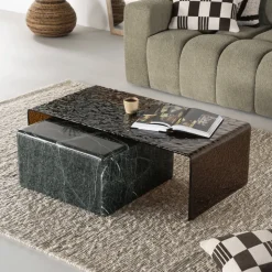 Salontafel Ripple/Dice Glas en marmer, Set van 2 stuks