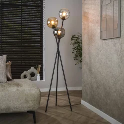 Vloerlamp Willaim 3-lamps, kleur Chroom, Amber en Grijs
