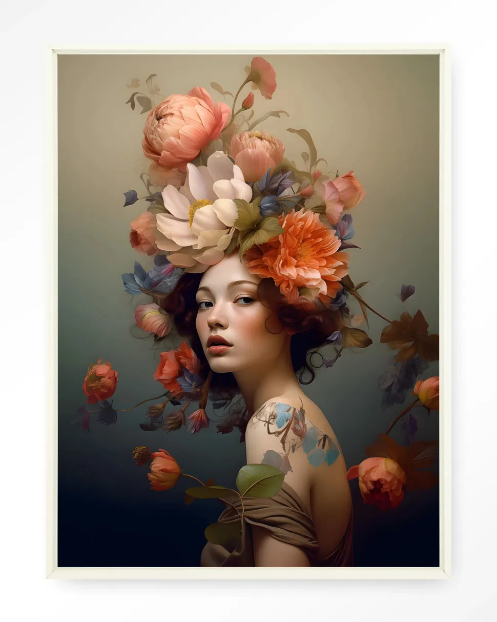 Wandkleed Vintage Flower Girl in maat en frame naar keuze