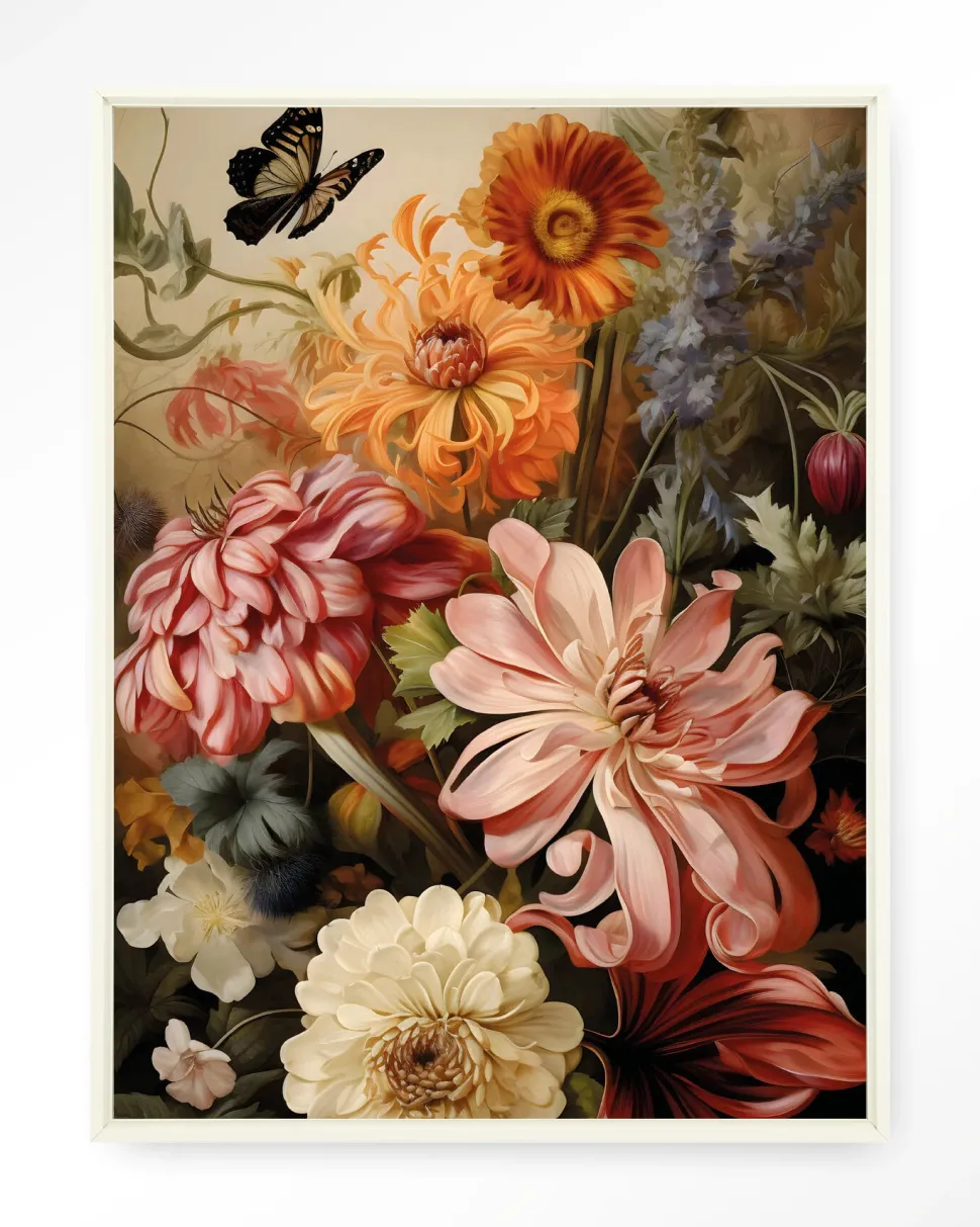Wandkleed Vintage Flowers in maat en frame naar keuze
