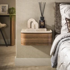 Zwevend Nachtkastje Nikka Eikenlook en travertinlook, Met 1 lade